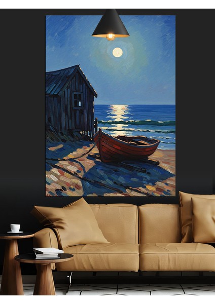 Ay Işığı Deniz Kenarı Eski Kulube ve Sandal Dekoratif Kanvas - Mdf Ahşap Tablo