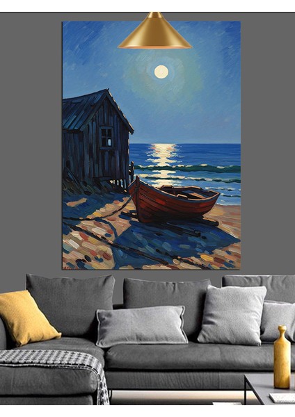 Ay Işığı Deniz Kenarı Eski Kulube ve Sandal Dekoratif Kanvas - Mdf Ahşap Tablo fiyatları