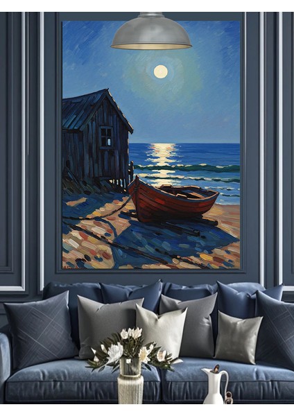 Ay Işığı Deniz Kenarı Eski Kulube ve Sandal Dekoratif Kanvas - Mdf Ahşap Tablo modelleri