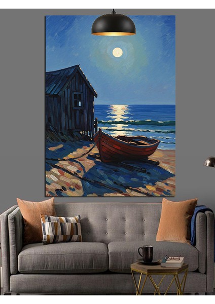 Ay Işığı Deniz Kenarı Eski Kulube ve Sandal Dekoratif Kanvas - Mdf Ahşap Tablo fırsatları