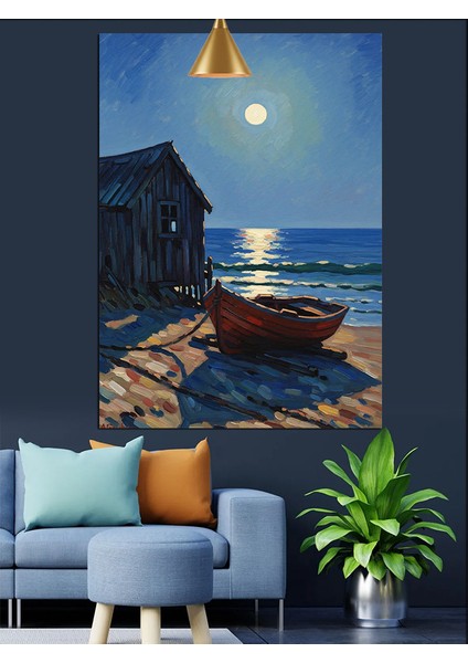 Ay Işığı Deniz Kenarı Eski Kulube ve Sandal Dekoratif Kanvas - Mdf Ahşap Tablo indirimleri