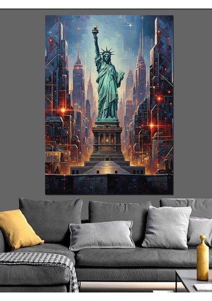 New York Şehir Manzarası Gece Dekoratif Kanvas - Mdf Ahşap Tablo