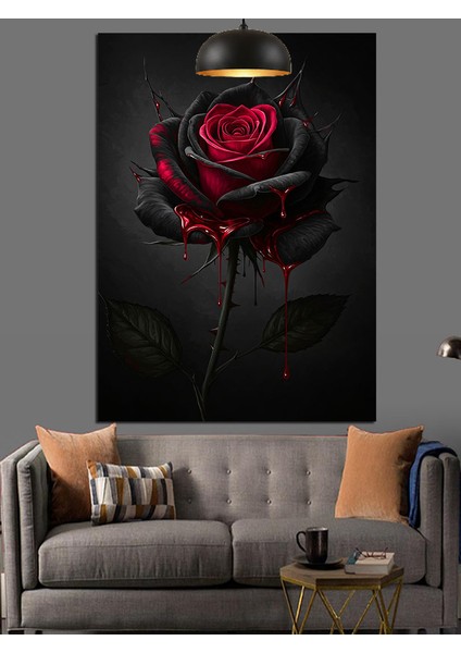 Tek Kırmızı Gül Çiçeği Siyah Detaylar Sanatsal Dekoratif Kanvas - Mdf Ahşap Tablo