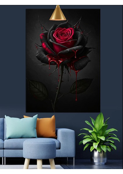 Tek Kırmızı Gül Çiçeği Siyah Detaylar Sanatsal Dekoratif Kanvas - Mdf Ahşap Tablo fiyatları