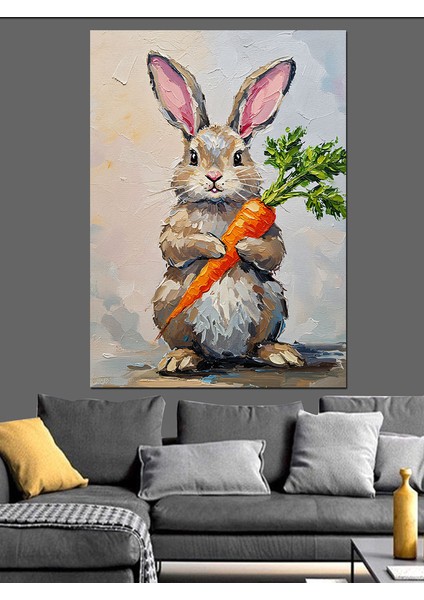 Havuç Tutan Komik Tavşan Dekoratif Kanvas - Mdf Ahşap Tablo