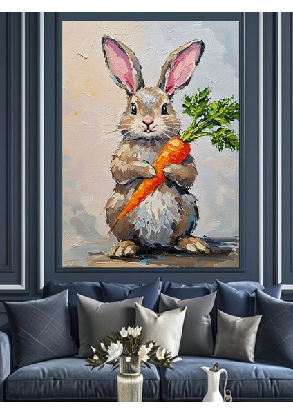 Havuç Tutan Komik Tavşan Dekoratif Kanvas - Mdf Ahşap Tablo fiyatları