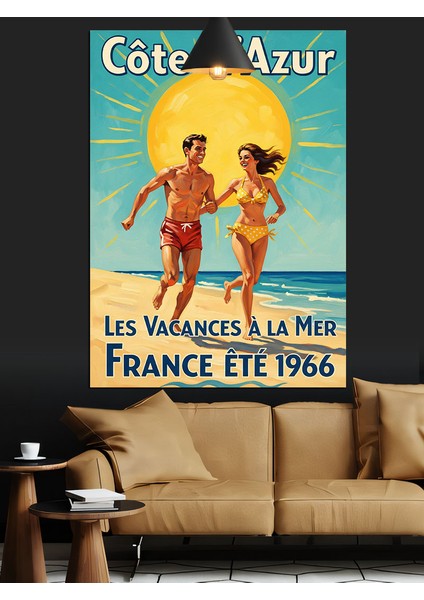 Fransız Sahili Insan Retro Yaz Tatili Afişi Dekoratif Kanvas - Mdf Ahşap Tablo