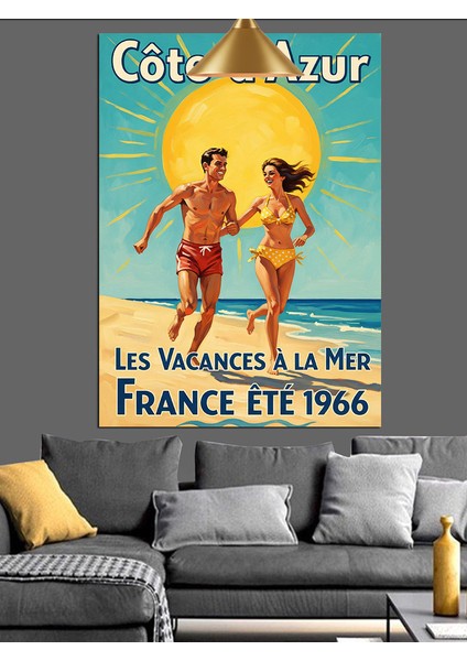 Fransız Sahili Insan Retro Yaz Tatili Afişi Dekoratif Kanvas - Mdf Ahşap Tablo fiyatları