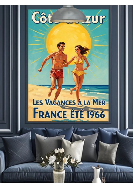 Fransız Sahili Insan Retro Yaz Tatili Afişi Dekoratif Kanvas - Mdf Ahşap Tablo modelleri
