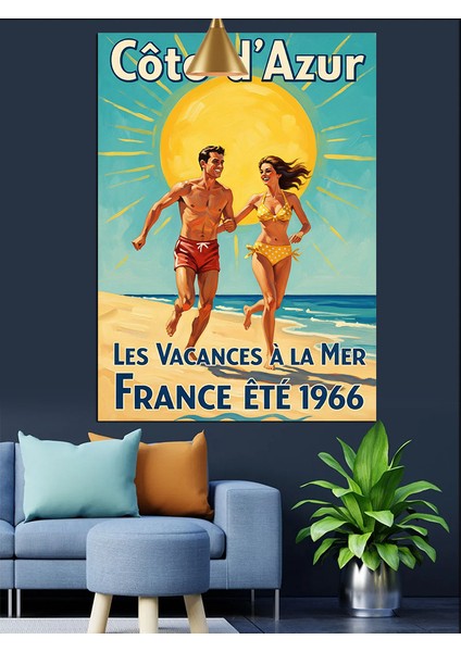 Fransız Sahili Insan Retro Yaz Tatili Afişi Dekoratif Kanvas - Mdf Ahşap Tablo indirimleri