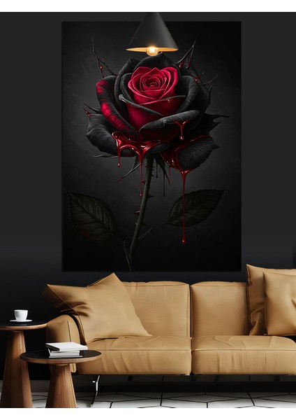 Tek Kırmızı Gül Çiçeği Siyah Detaylar Sanatsal Dekoratif Kanvas - Mdf Ahşap Tablo modelleri