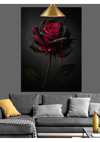 Tek Kırmızı Gül Çiçeği Siyah Detaylar Sanatsal Dekoratif Kanvas - Mdf Ahşap Tablo fırsatları