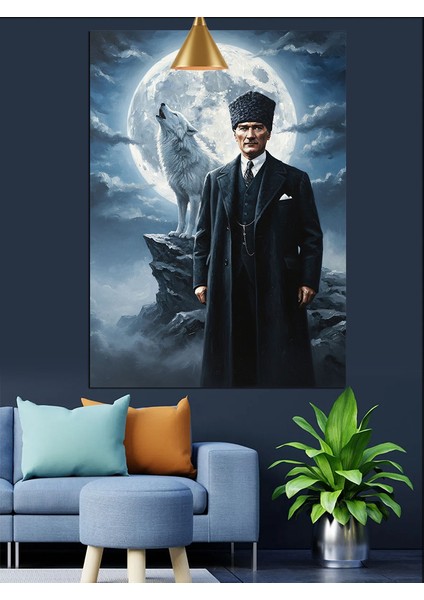 Ay Işığında Atatürk ve Uluyan Bozkurt Dekoratif Kanvas - Mdf Ahşap Tablo