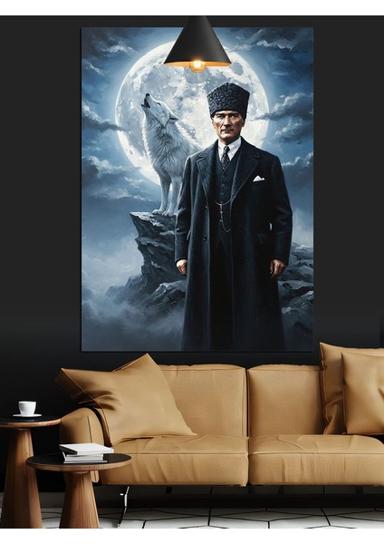 Ay Işığında Atatürk ve Uluyan Bozkurt Dekoratif Kanvas - Mdf Ahşap Tablo fiyatları