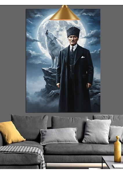 Ay Işığında Atatürk ve Uluyan Bozkurt Dekoratif Kanvas - Mdf Ahşap Tablo modelleri