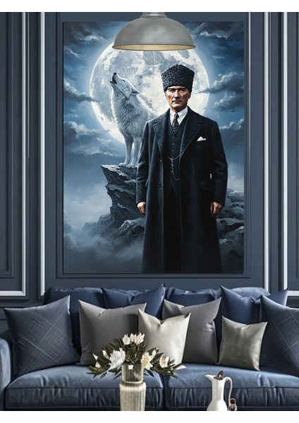 Ay Işığında Atatürk ve Uluyan Bozkurt Dekoratif Kanvas - Mdf Ahşap Tablo fırsatları