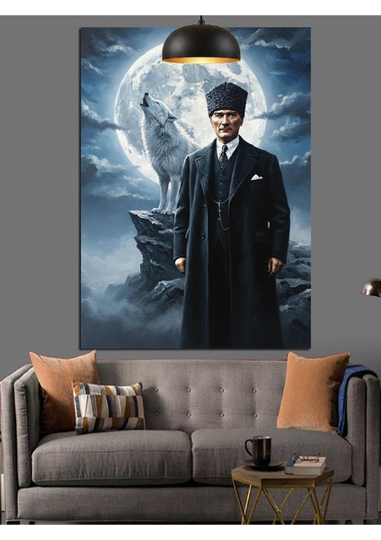 Ay Işığında Atatürk ve Uluyan Bozkurt Dekoratif Kanvas - Mdf Ahşap Tablo indirimleri