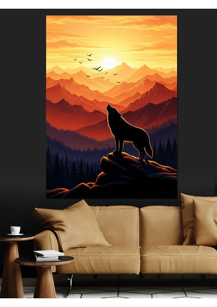Gün Doğumu Yalnız Kurt Dağ Manzarası Dekoratif Kanvas - Mdf Ahşap Tablo fiyatları