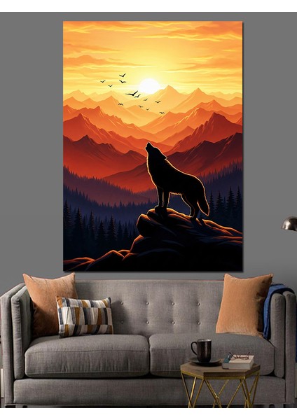 Gün Doğumu Yalnız Kurt Dağ Manzarası Dekoratif Kanvas - Mdf Ahşap Tablo modelleri