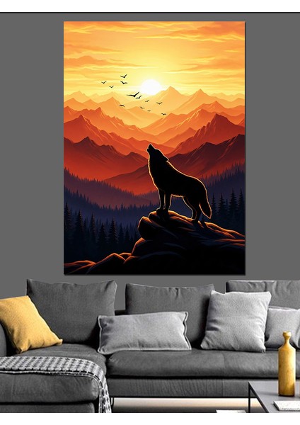 Gün Doğumu Yalnız Kurt Dağ Manzarası Dekoratif Kanvas - Mdf Ahşap Tablo fırsatları