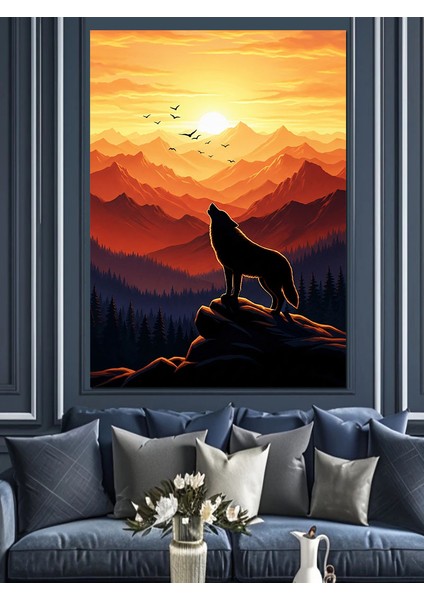 Gün Doğumu Yalnız Kurt Dağ Manzarası Dekoratif Kanvas - Mdf Ahşap Tablo indirimleri