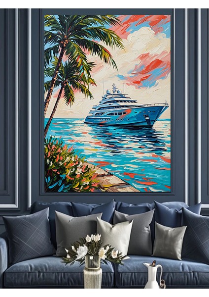 Tropikal Plaj Palmiye Ağacı Yolcu Gemisi Dekoratif Kanvas - Mdf Ahşap Tablo