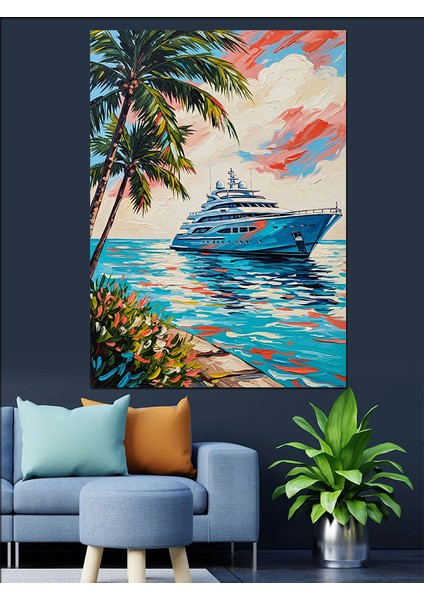 Tropikal Plaj Palmiye Ağacı Yolcu Gemisi Dekoratif Kanvas - Mdf Ahşap Tablo fiyatları