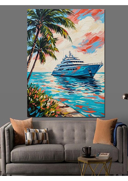 Tropikal Plaj Palmiye Ağacı Yolcu Gemisi Dekoratif Kanvas - Mdf Ahşap Tablo fırsatları