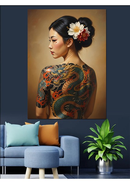 Dövme Çiçekli Sırt Portresi Kadın Dekoratif Kanvas - Mdf Ahşap Tablo fiyatları