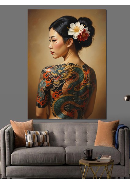 Dövme Çiçekli Sırt Portresi Kadın Dekoratif Kanvas - Mdf Ahşap Tablo fırsatları