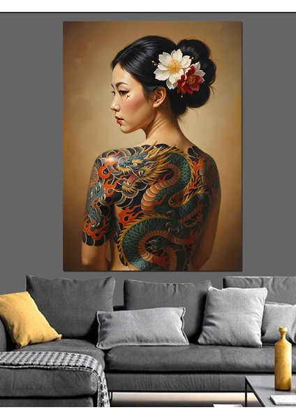 Dövme Çiçekli Sırt Portresi Kadın Dekoratif Kanvas - Mdf Ahşap Tablo indirimleri
