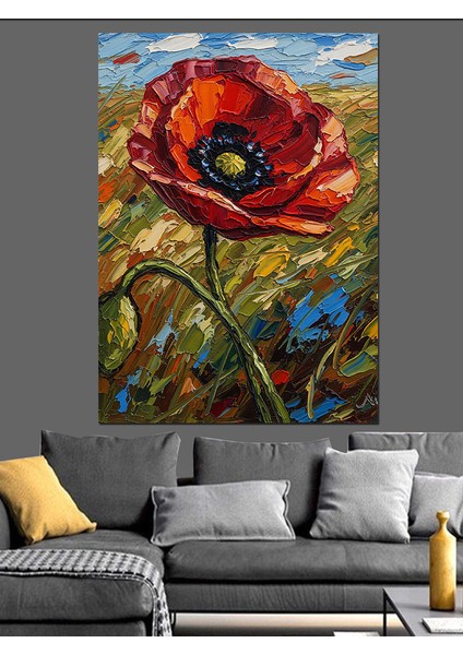 Kırmızı Gelincik Çiçeği Yağlıboya Dekoratif Kanvas - Mdf Ahşap Tablo