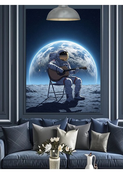Dünya Manzarasında Gitar Çalan Astronot Dekoratif Kanvas - Mdf Ahşap Tablo