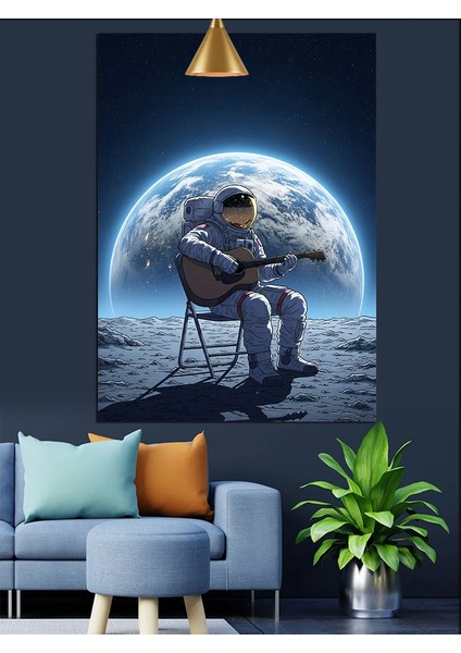Dünya Manzarasında Gitar Çalan Astronot Dekoratif Kanvas - Mdf Ahşap Tablo modelleri