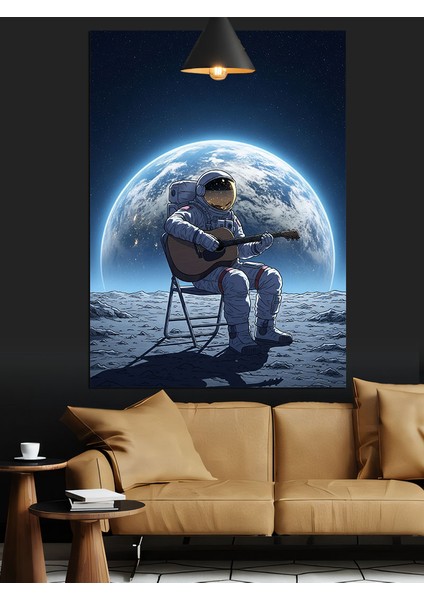 Dünya Manzarasında Gitar Çalan Astronot Dekoratif Kanvas - Mdf Ahşap Tablo fırsatları