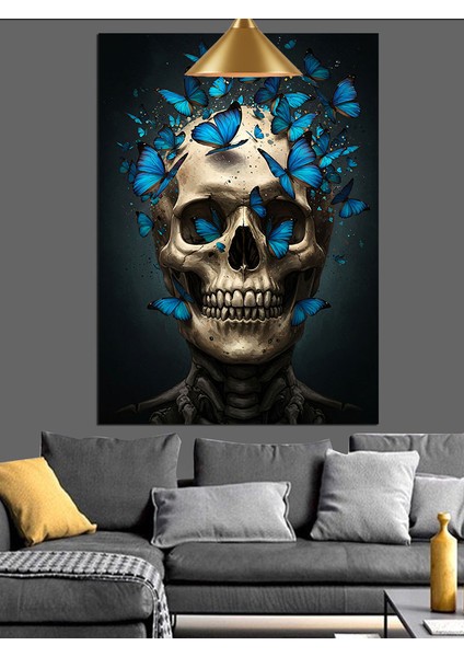 Mavi Kelebekli Kuru Kafa Sanatı Dekoratif Kanvas - Mdf Ahşap Tablo
