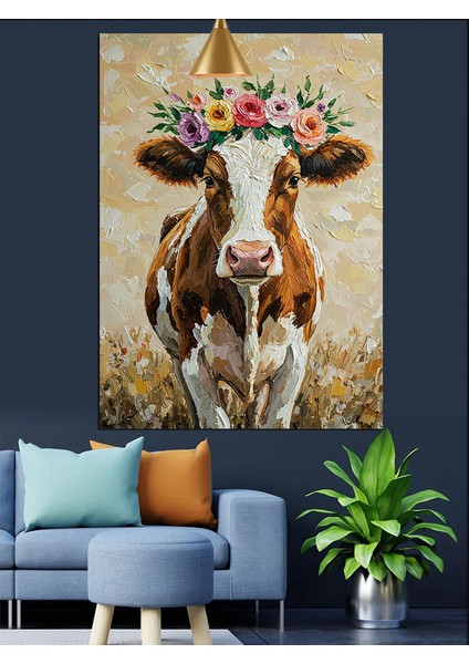 Çiçekli Inek Portresi Dekoratif Kanvas - Mdf Ahşap Tablo