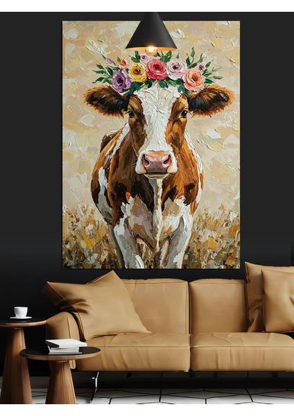 Çiçekli Inek Portresi Dekoratif Kanvas - Mdf Ahşap Tablo fiyatları