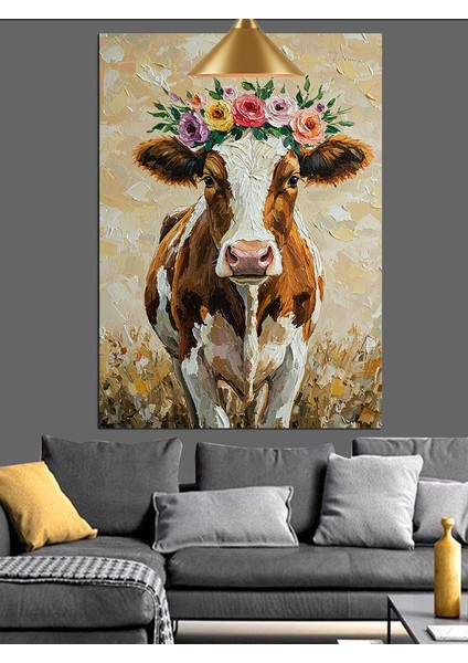 Çiçekli Inek Portresi Dekoratif Kanvas - Mdf Ahşap Tablo modelleri