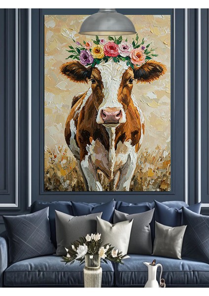 Çiçekli Inek Portresi Dekoratif Kanvas - Mdf Ahşap Tablo fırsatları