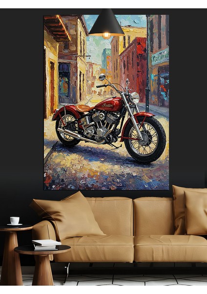 Kırmızı Motosiklet Sokak Manzarası Dekoratif Kanvas - Mdf Ahşap Tablo