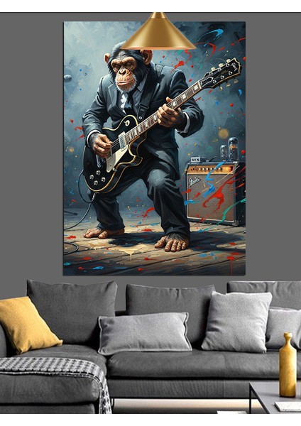 Elektrogitar Çalan Maymun Figürü Dekoratif Kanvas - Mdf Ahşap Tablo