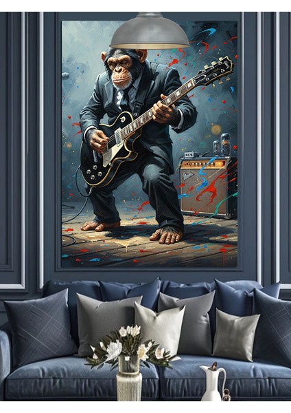 Elektrogitar Çalan Maymun Figürü Dekoratif Kanvas - Mdf Ahşap Tablo fiyatları