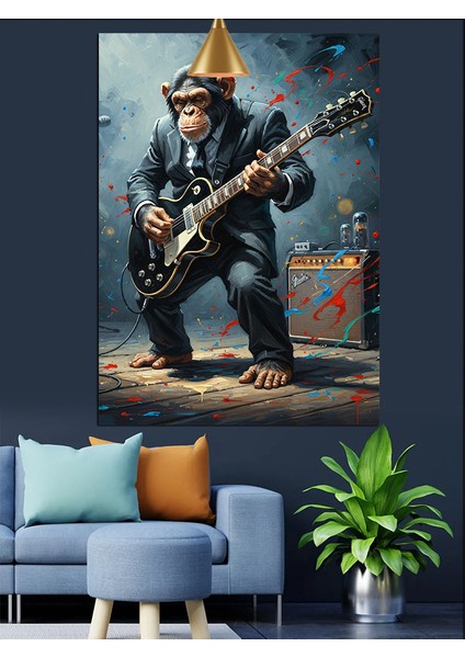 Elektrogitar Çalan Maymun Figürü Dekoratif Kanvas - Mdf Ahşap Tablo fırsatları