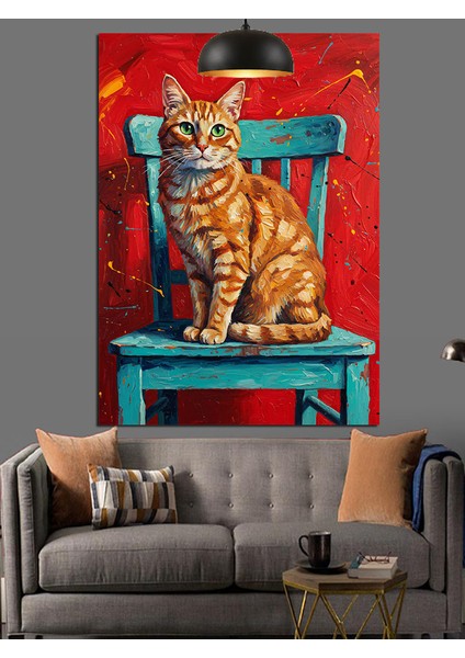 Kırmızı Duvar Mavi Sandalyede Oturan Kedi Dekoratif Kanvas - Mdf Ahşap Tablo