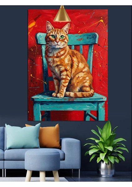 Kırmızı Duvar Mavi Sandalyede Oturan Kedi Dekoratif Kanvas - Mdf Ahşap Tablo fiyatları