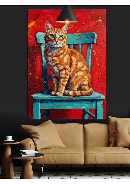 Kırmızı Duvar Mavi Sandalyede Oturan Kedi Dekoratif Kanvas - Mdf Ahşap Tablo modelleri