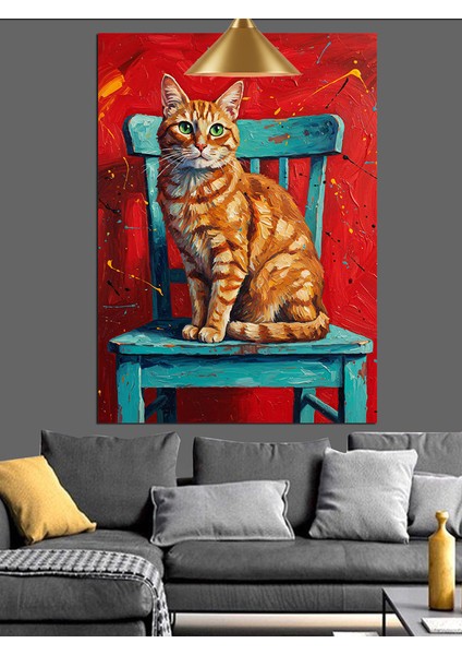 Kırmızı Duvar Mavi Sandalyede Oturan Kedi Dekoratif Kanvas - Mdf Ahşap Tablo fırsatları