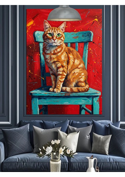 Kırmızı Duvar Mavi Sandalyede Oturan Kedi Dekoratif Kanvas - Mdf Ahşap Tablo indirimleri