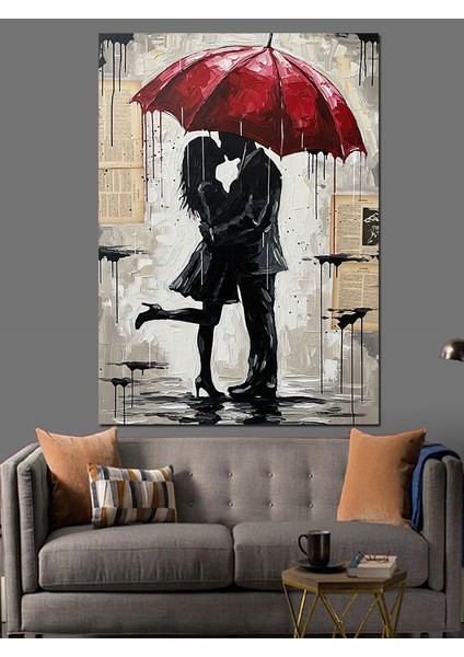 Yağmurda Kırmızı Şemsiye Öpücük Dekoratif Kanvas - Mdf Ahşap Tablo